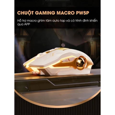 ￼Chuột máy tính gaming TEKKIN W5P màu trà sữa có dây silent LED RGB 4000 dpi cho máy tính vi tính laptop chơi game pc