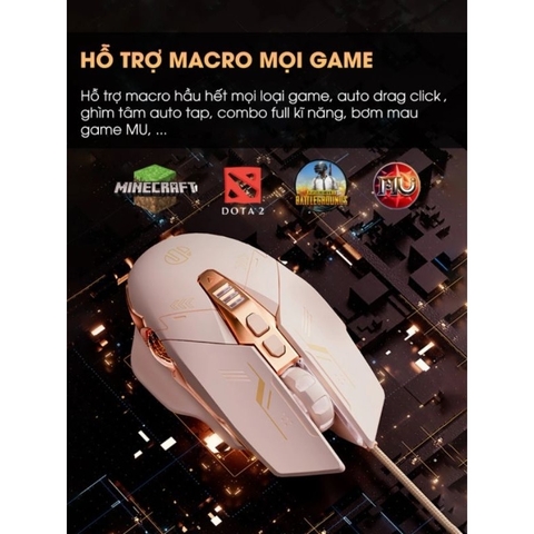 ￼Chuột máy tính gaming TEKKIN W5P màu trà sữa có dây silent LED RGB 4000 dpi cho máy tính vi tính laptop chơi game pc