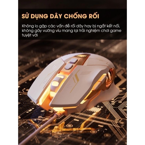 ￼Chuột máy tính gaming TEKKIN W5P màu trà sữa có dây silent LED RGB 4000 dpi cho máy tính vi tính laptop chơi game pc