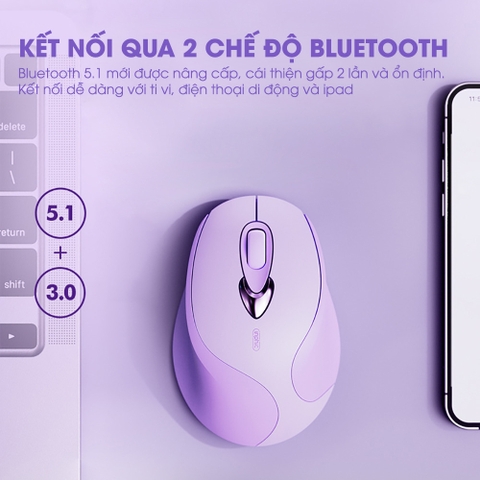 ￼Chuột bluetooth không dây TEKKIN INPHIC M8 silent chống ồn sạc pin màu tím cute cho máy tính laptop pc văn phòng