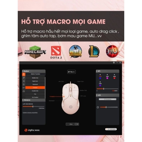 ￼Chuột máy tính có dây TEKKIN INPHIC B8 cute silent không tiếng ồn 6 nút bấm 8800 DPI gaming có app điều chỉnh game