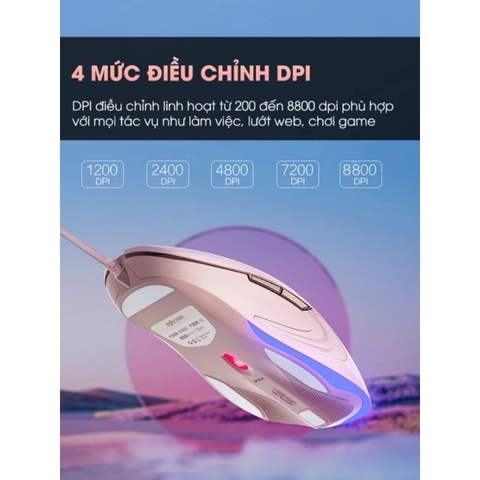 ￼Chuột máy tính có dây TEKKIN INPHIC B8 cute silent không tiếng ồn 6 nút bấm 8800 DPI gaming có app điều chỉnh game