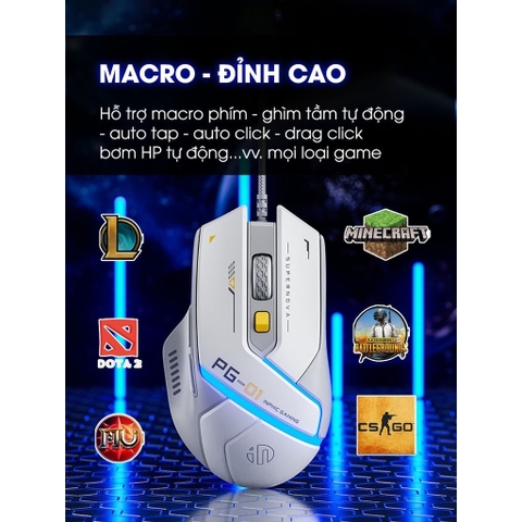 ￼Chuột gaming có dây TEKKIN INPHIC PG1 led RGB 6 nút bấm 1000hz có app chuột chơi game máy tính công thái học