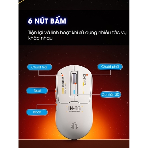 ￼Chuột gaming không dây TEKKIN INPHIC IN6 chip PAW3395 8000hz 3 mode bluetooth wireless 2.4g type c có app RGB