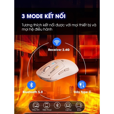 ￼Chuột gaming không dây TEKKIN INPHIC IN6 chip PAW3395 8000hz 3 mode bluetooth wireless 2.4g type c có app RGB