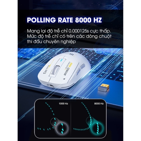￼Chuột gaming không dây TEKKIN INPHIC IN6 chip PAW3395 8000hz 3 mode bluetooth wireless 2.4g type c có app RGB