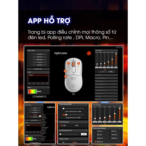 ￼Chuột gaming không dây TEKKIN INPHIC IN6 chip PAW3395 8000hz 3 mode bluetooth wireless 2.4g type c có app RGB