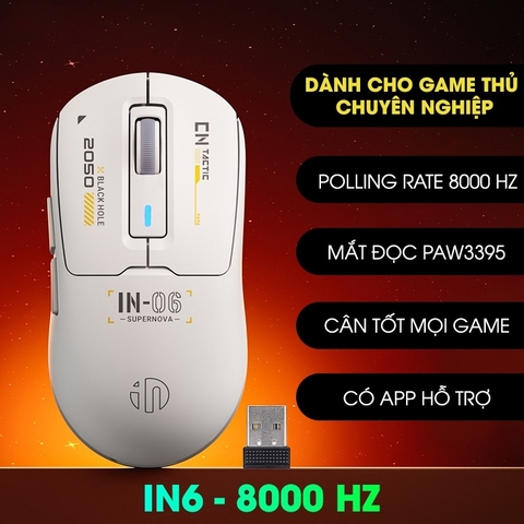 ￼Chuột gaming không dây TEKKIN INPHIC IN6 chip PAW3395 8000hz 3 mode bluetooth wireless 2.4g type c có app RGB