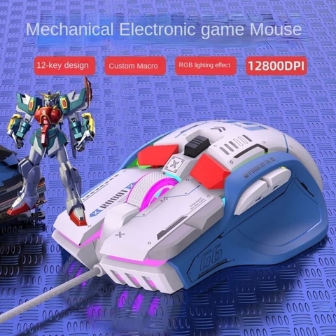 ￼Chuột gaming máy tính có dây TEKKIN G6 GUNDAM 12800 DPI có 6 nút hỗ trợ app led RGB 16 triệu màu macro