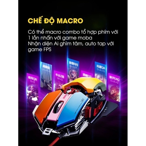 ￼Chuột máy tính gaming TEKKIN INPHIC PG6 có dây 12800 DPI 9 nút hỗ trợ macro qua app 12 chuyên game thủ led RGB