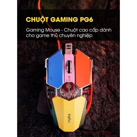 ￼Chuột máy tính gaming TEKKIN INPHIC PG6 có dây 12800 DPI 9 nút hỗ trợ macro qua app 12 chuyên game thủ led RGB