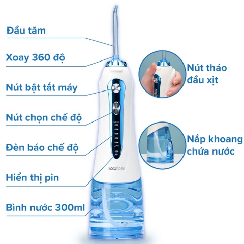 ￼Máy Tăm Nước H2oFloss Tặng Túi Vải + 7 Đầu Tăm Cải tiến công nghệ tia nước sạch X4 Lần - BH 12 tháng 1 đổi 1