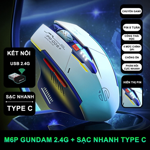 ￼Chuột máy tính không dây gaming TEKKIN INPHIC F9 GUNDAM pin sạc 6 nút công thái học silent tắt tiếng chống ồn wireless