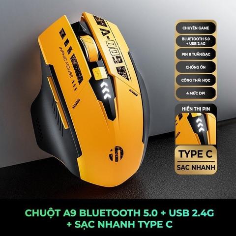 ￼Chuột bluetooth 5.0 không dây TEKKIN INPHIC A9 gaming máy tính 6 nút silent tắt âm led hiển thị pin gundam công thái học