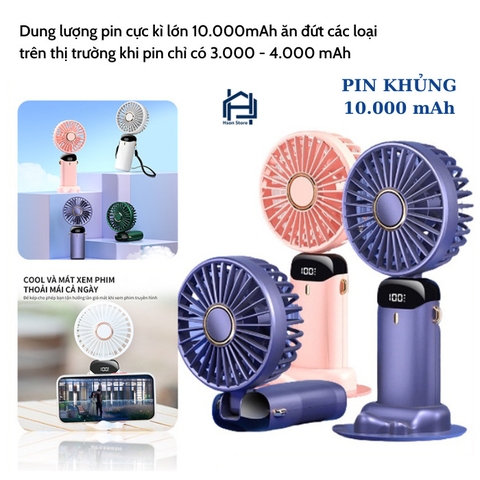 ￼Quạt mini cầm tay TEKKIN pin khủng 10000 mah, quạt tích điện gấp gọn 5 cấp độ gió linh hoạt