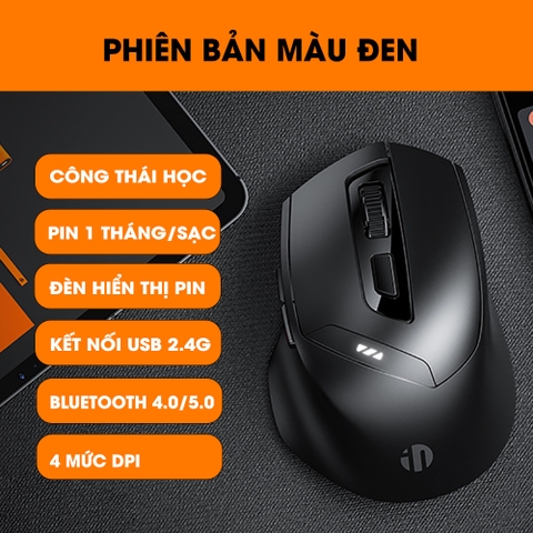 ￼Chuột không dây bluetooth 5.0 sạc pin TEKKIN INPHIC DR6 tắt âm silent 6 nút bấm đèn led báo pin công thái học
