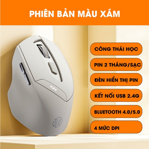 ￼Chuột không dây bluetooth 5.0 sạc pin TEKKIN INPHIC DR6 tắt âm silent 6 nút bấm đèn led báo pin công thái học
