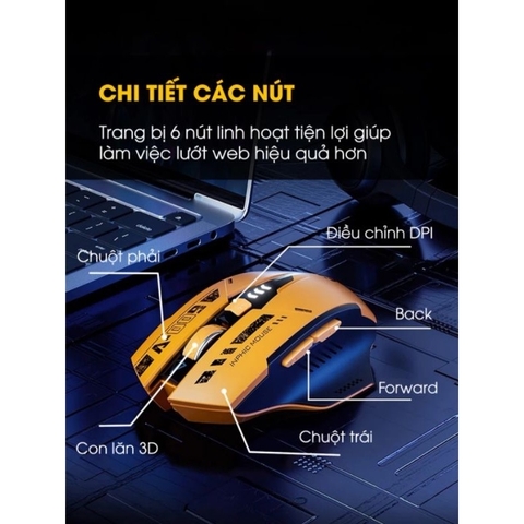 ￼Chuột bluetooth 5.0 không dây TEKKIN INPHIC A9 gaming máy tính 6 nút silent tắt âm led hiển thị pin gundam công thái học
