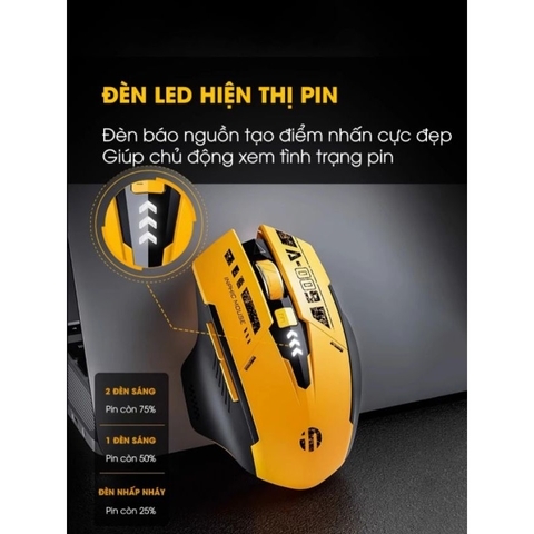 ￼Chuột bluetooth 5.0 không dây TEKKIN INPHIC A9 gaming máy tính 6 nút silent tắt âm led hiển thị pin gundam công thái học