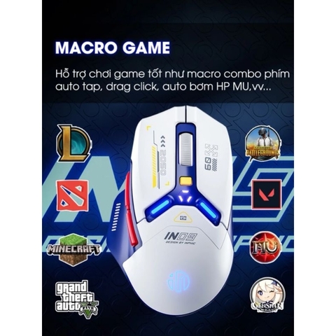 ￼Chuột không dây gaming bluetooth TEKKIN INPHIC IN9 pin sạc led rgb 6 nút bấm 3 mode có app chơi game macro gundam