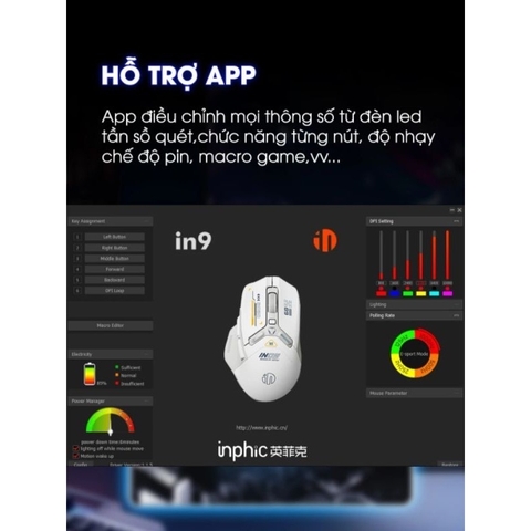 ￼Chuột không dây gaming bluetooth TEKKIN INPHIC IN9 pin sạc led rgb 6 nút bấm 3 mode có app chơi game macro gundam