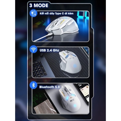 ￼Chuột không dây gaming bluetooth TEKKIN INPHIC IN9 pin sạc led rgb 6 nút bấm 3 mode có app chơi game macro gundam
