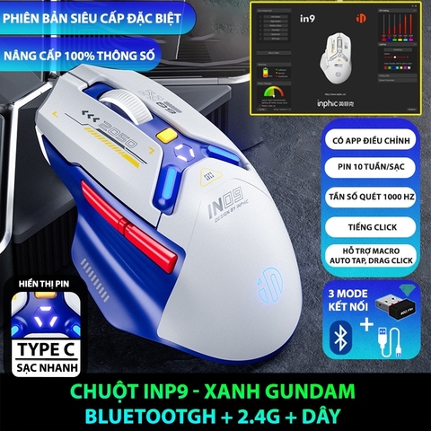 ￼Chuột không dây gaming bluetooth TEKKIN INPHIC IN9 pin sạc led rgb 6 nút bấm 3 mode có app chơi game macro gundam