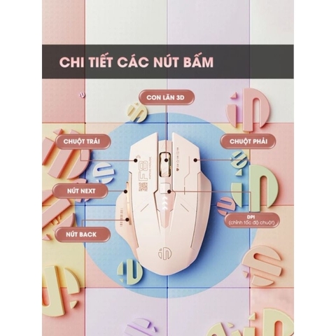 ￼Chuột không dây pin sạc TEKKIN INPHIC F8 trà sữa cute gaming silent chống ồn ko dây bluetooth  wireless 2.4G máy tính