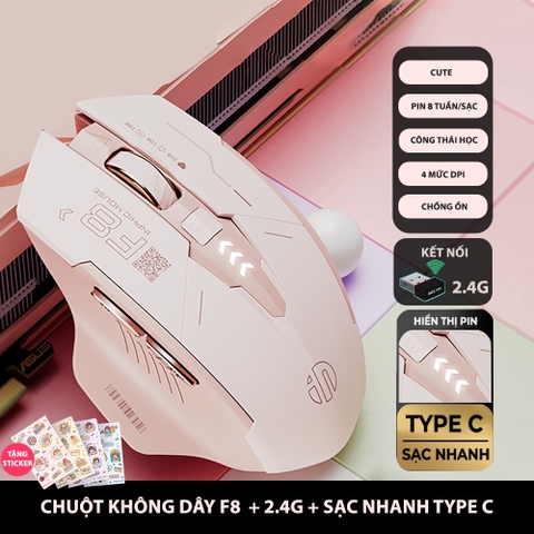 ￼Chuột không dây pin sạc TEKKIN INPHIC F8 trà sữa cute gaming silent chống ồn ko dây bluetooth  wireless 2.4G máy tính