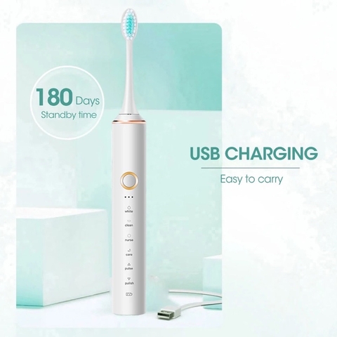 Bàn Chải Điện Đa Năng Thông Minh TEKKIN TI-08 Sạc USB 2.0 Sóng Âm Tặng Kèm 3 Đầu Thay Thế