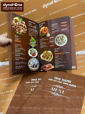 Menu Bìa Da Nâu in UV Đinh Tán Trong _ Nâng Tầm Ẩm Thực _ Vườn ẩm thực sông Đuống