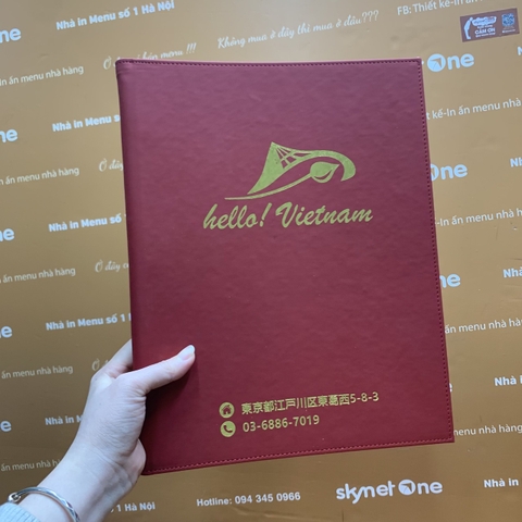 Thiết kế tinh tế - Menu bìa da đỏ đinh tán trong in Uv logo sắc nét -  Hello Viet Nam