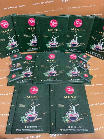 Thiết kế tinh tế - Menu bìa da xanh đinh tán ngoài in Uv logo sắc nét - Bếp Việt Malaysia