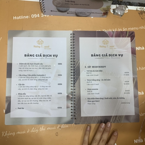 Menu tiệm spa