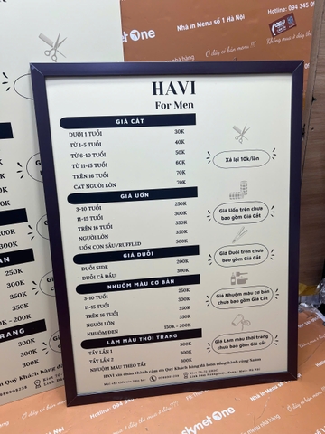 Mẫu Menu khung gỗ treo tường cho quán Hair Salon