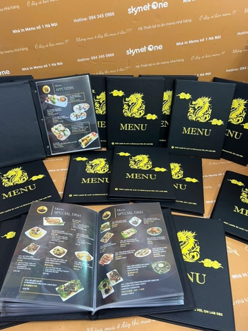 Menu bìa da đinh tán trong túi nilong in UV _ Thiết kế trong cầm tay _ Ngon Cornor