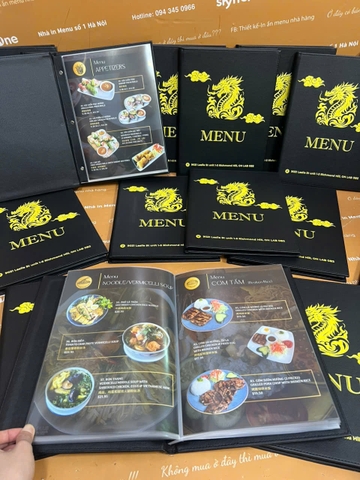 Menu bìa da đinh tán trong túi nilong in UV _ Thiết kế trong cầm tay _ Ngon Cornor