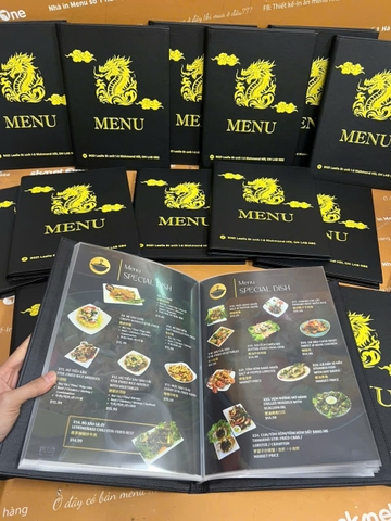 Menu bìa da đinh tán trong túi nilong in UV _ Thiết kế trong cầm tay _ Ngon Cornor