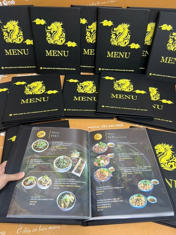 Menu bìa da đinh tán trong túi nilong in UV _ Thiết kế trong cầm tay _ Ngon Cornor