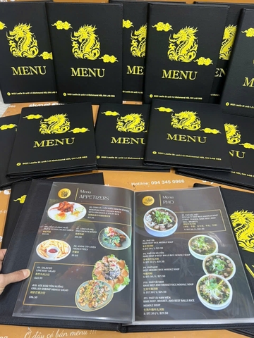 Menu bìa da đinh tán trong túi nilong in UV _ Thiết kế trong cầm tay _ Ngon Cornor