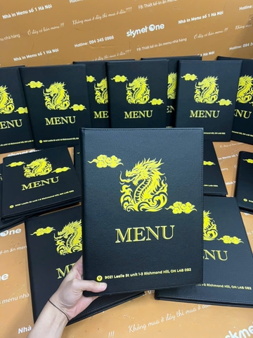 Menu bìa da đinh tán trong túi nilong in UV _ Thiết kế trong cầm tay _ Ngon Cornor