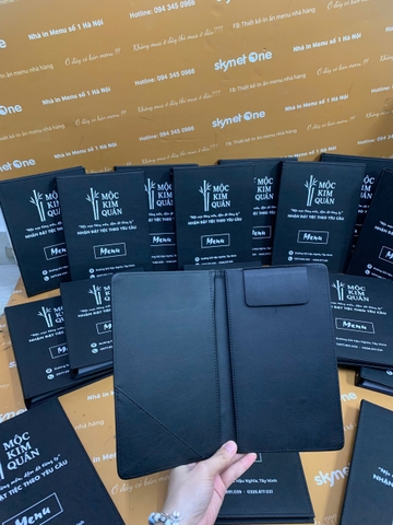 Menu bìa da gáy còng 4 trấu in UV bên trong túi nilong _ Mộc Kim Quán