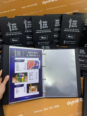 Menu bìa da gáy còng 4 trấu in UV bên trong túi nilong _ Mộc Kim Quán