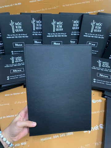Menu bìa da gáy còng 4 trấu in UV bên trong túi nilong _ Mộc Kim Quán