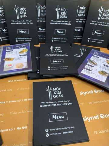 Menu bìa da gáy còng 4 trấu in UV bên trong túi nilong _ Mộc Kim Quán