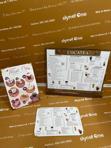 Ruột menu khung tranh + khung gỗ a3 + quầy a4 có chân + menu cầm tay a4 _ Cocatea