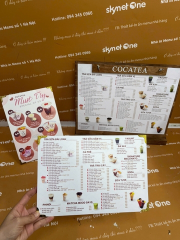 Ruột menu khung tranh + khung gỗ a3 + quầy a4 có chân + menu cầm tay a4 _ Cocatea