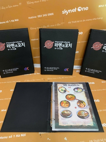 Menu bìa da đen gáy còng in UV _ Mỳ Reman Nhật