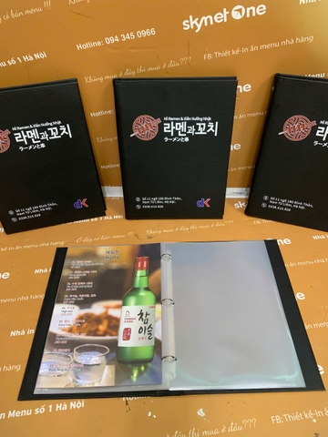 Menu bìa da đen gáy còng in UV _ Mỳ Reman Nhật