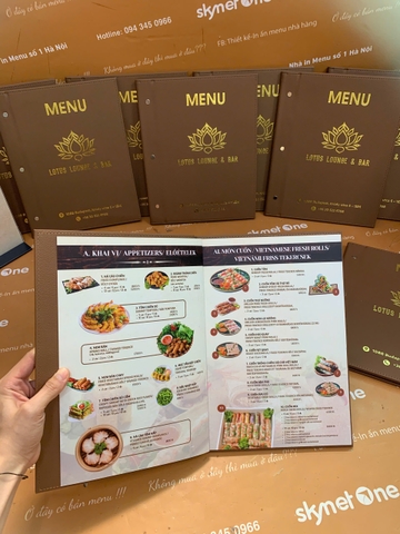 Menu bìa da đinh tán ngoài ép nhũ vàng + menu formex gập 3 + menu mica để bàn a4 _ Lotus Lounge & Bar